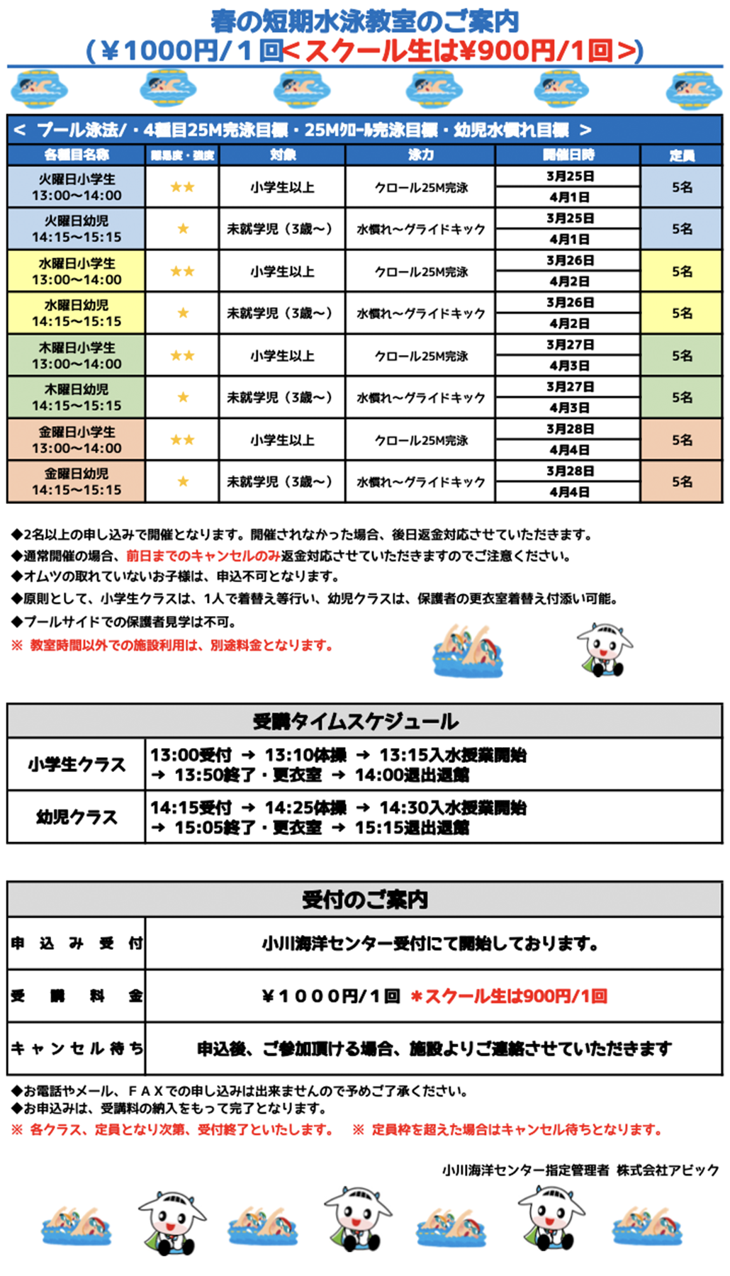 春休み短期水泳教室のお知らせ